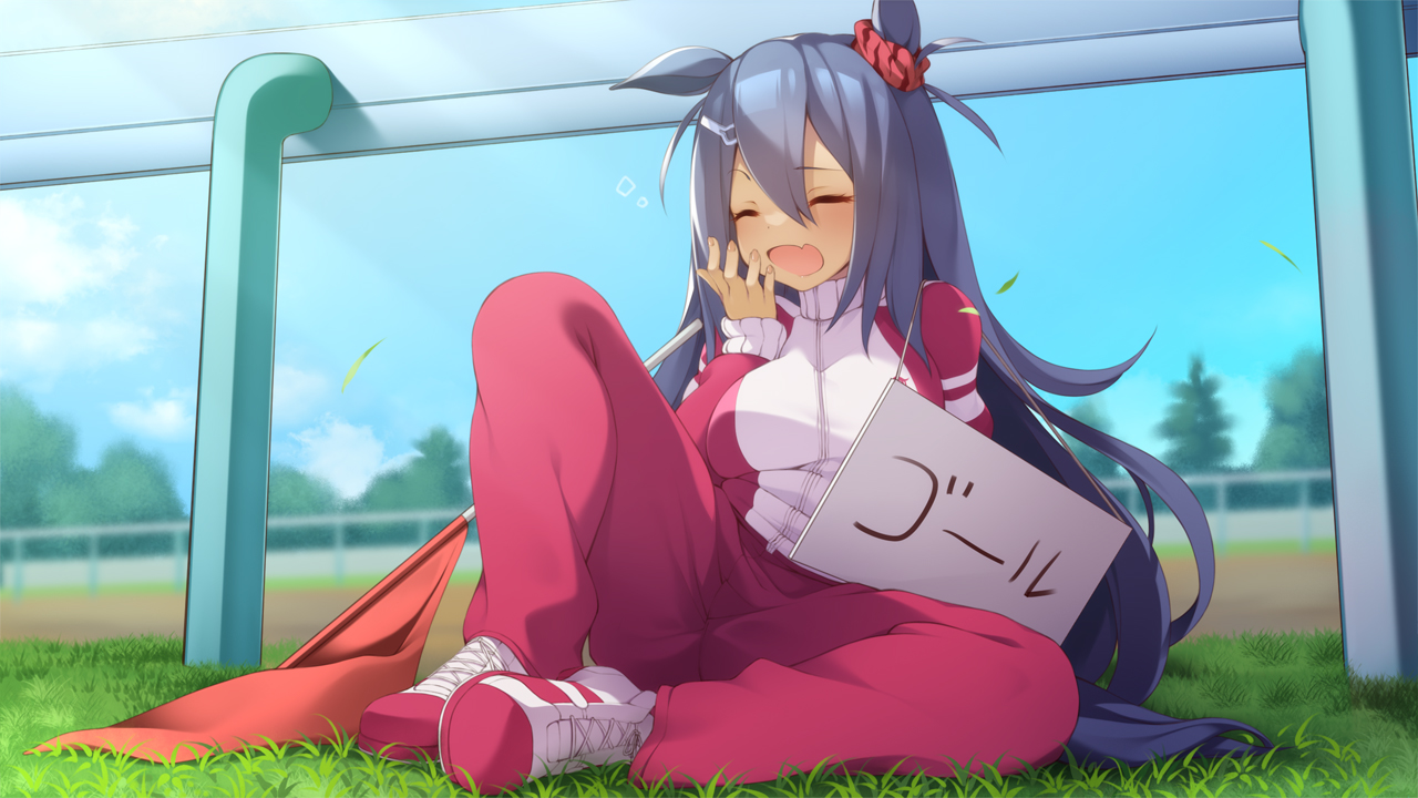animal_ears, anthropomorphism, black_hair, clouds, fang, grass, gym_uniform, hishi_amazon_(umamusume)