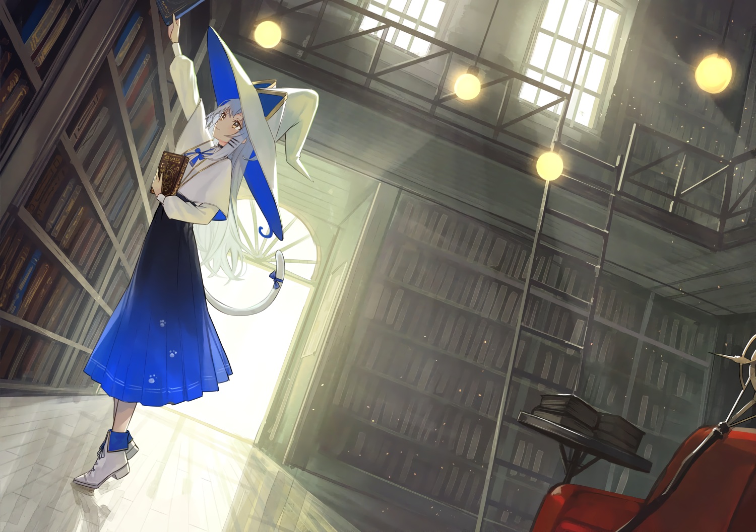 book, bow, cape, catgirl, choker, gray_hair, hat, long_hair