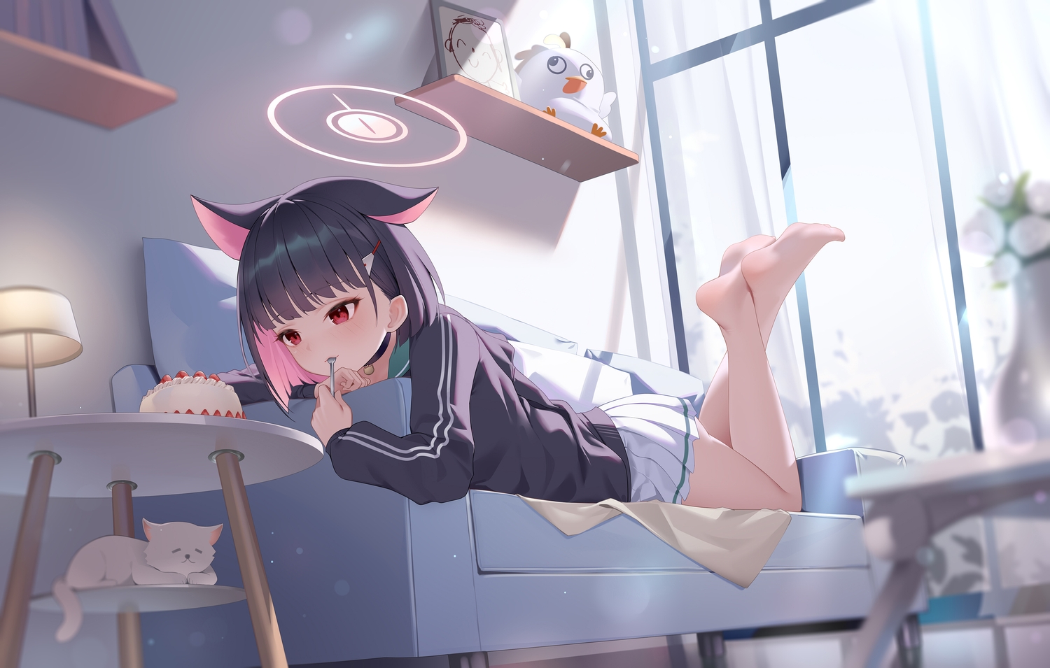 animal, animal_ears, barefoot, bingchuan_xian_yu_huang, black_hair, blue_archive, blush, cake