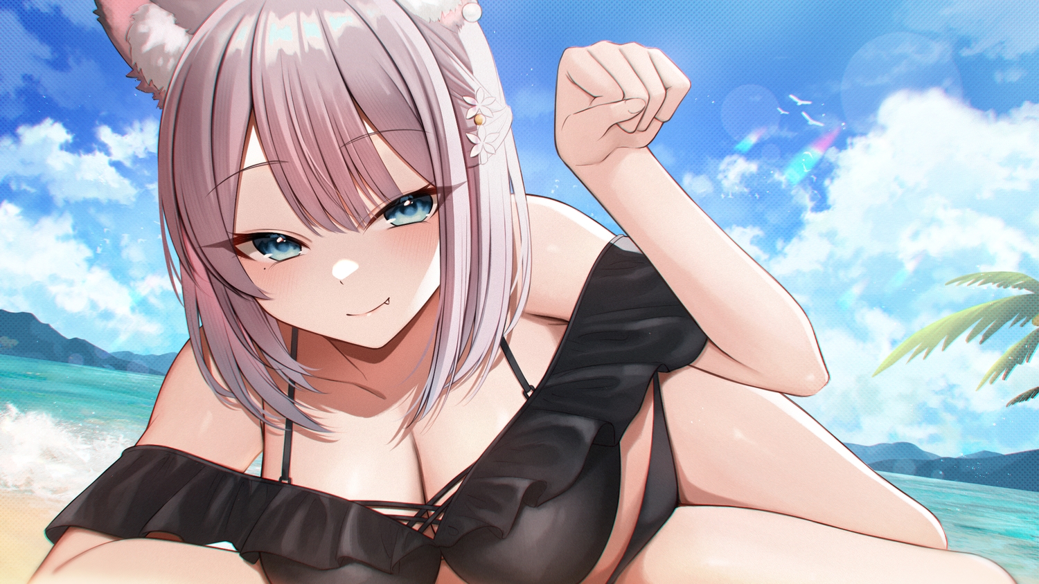 animal_ears, aqua_eyes, beach, bikini, blush, breasts, brown_hair, catgirl