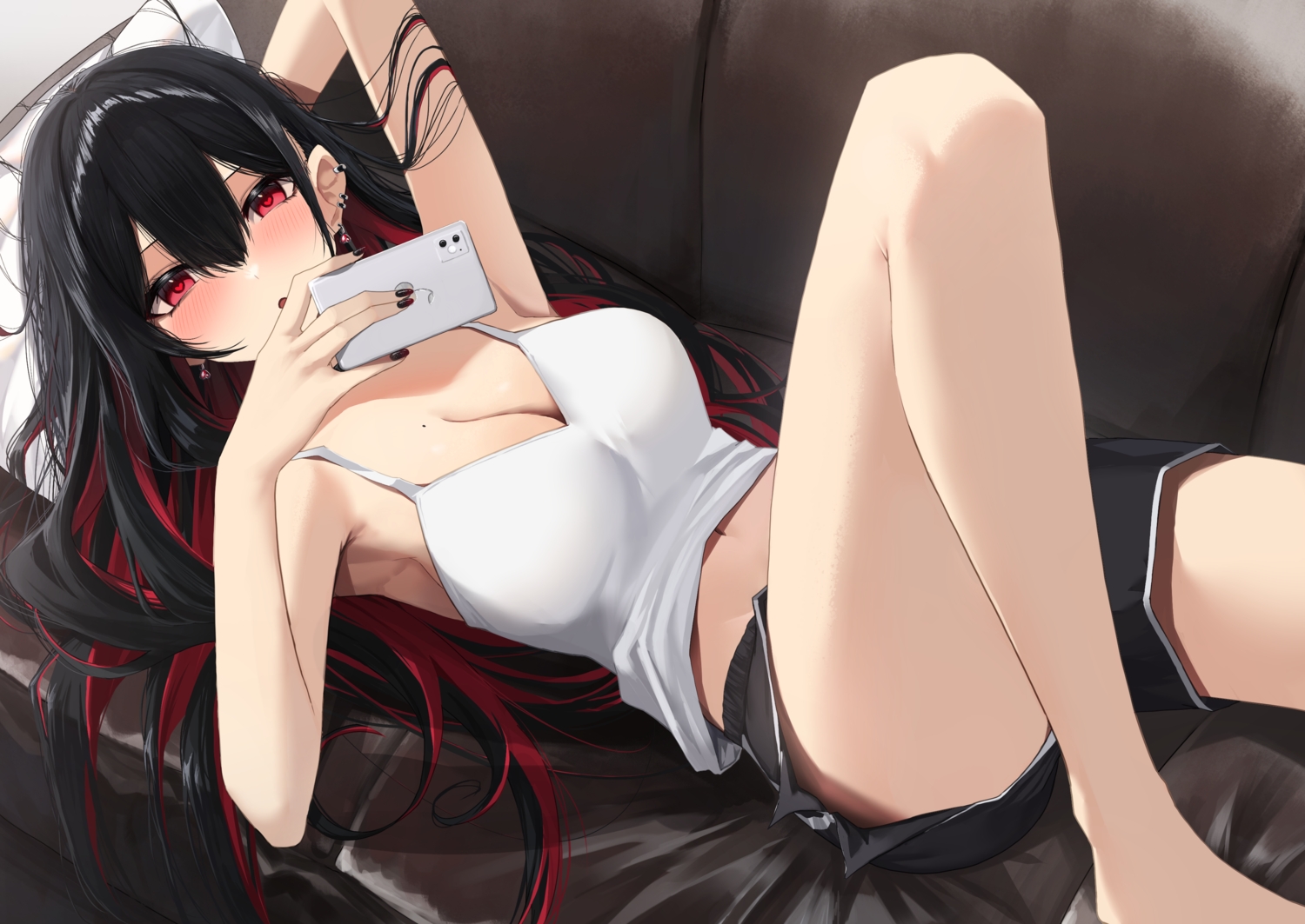 amane_sora, black_hair, blush, breasts, cleavage, couch, long_hair, navel, original, phone, red_eyes, shirt_lift, shorts