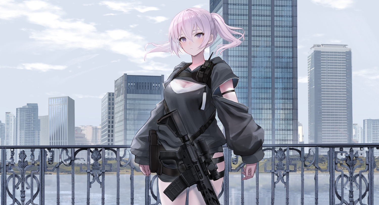 breasts, building, city, cleavage, clouds, garter, gun, hood