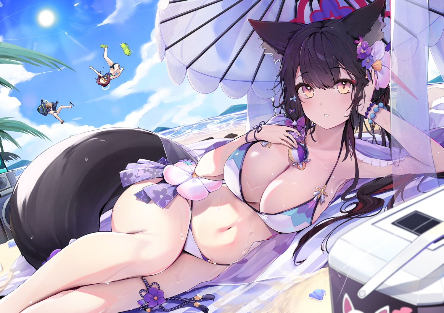 animal_ears, beach, bikini, black_hair, blonde_hair, blue_archive, breasts, cleavage, clouds, crying, ddangbi, foxgirl, garter, gloves, halo, kosaka_wakamo, long_hair, mask, navel, red_hair, seaside_sukeban_(mg), seaside_sukeban_(smg), shade, short_hair, sky, sunglasses, swimsuit, tail, tears, twintails, umbrella, water, wristwear, yellow_eyes