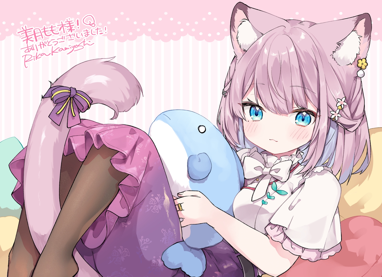 animal_ears, aqua_eyes, blush, bow, brown_hair, catgirl, cat_smile, kamiyoshi_rika