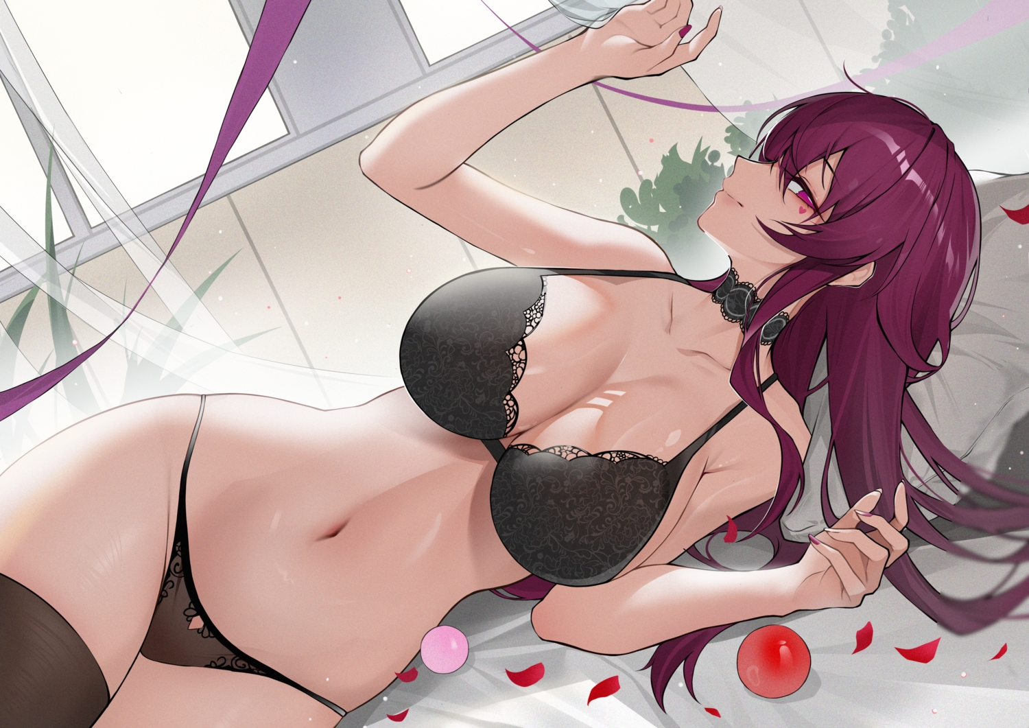 bed, bra, breasts, honkai_(series), honkai:_star_rail, kafka_(honkai:_star_rail), long_hair, navel, panties, paradox_(parapa), petals, purple_eyes, purple_hair, tattoo, thighhighs, underwear