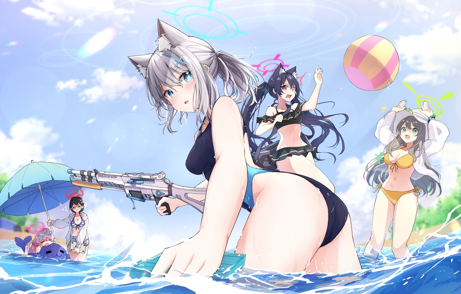 aliasing, animal_ears, aqua_eyes, ass, ball, bikini, black_hair, blue_archive