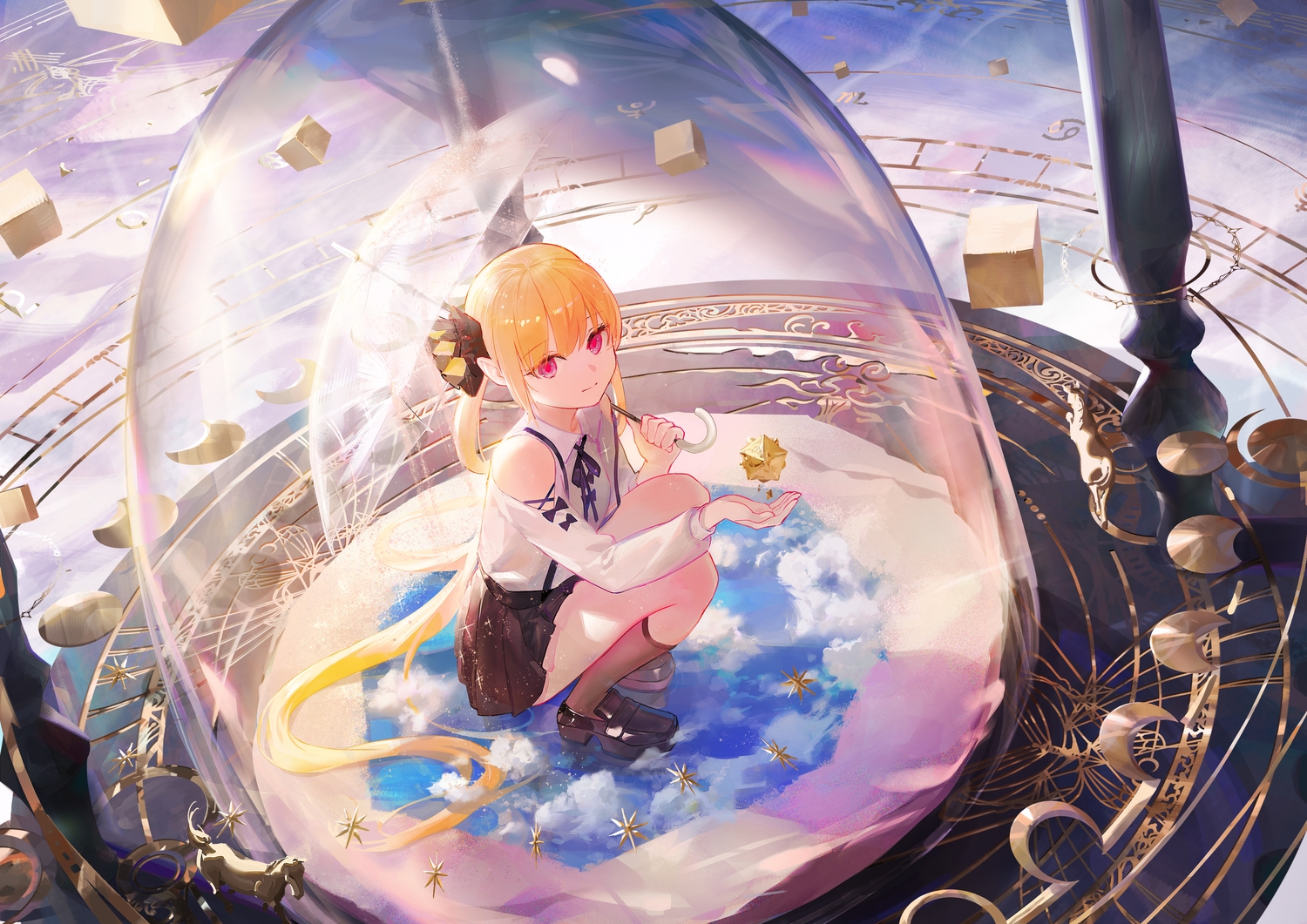 blonde_hair, bow, clouds, kneehighs, leiq, long_hair, pointed_ears, red_eyes