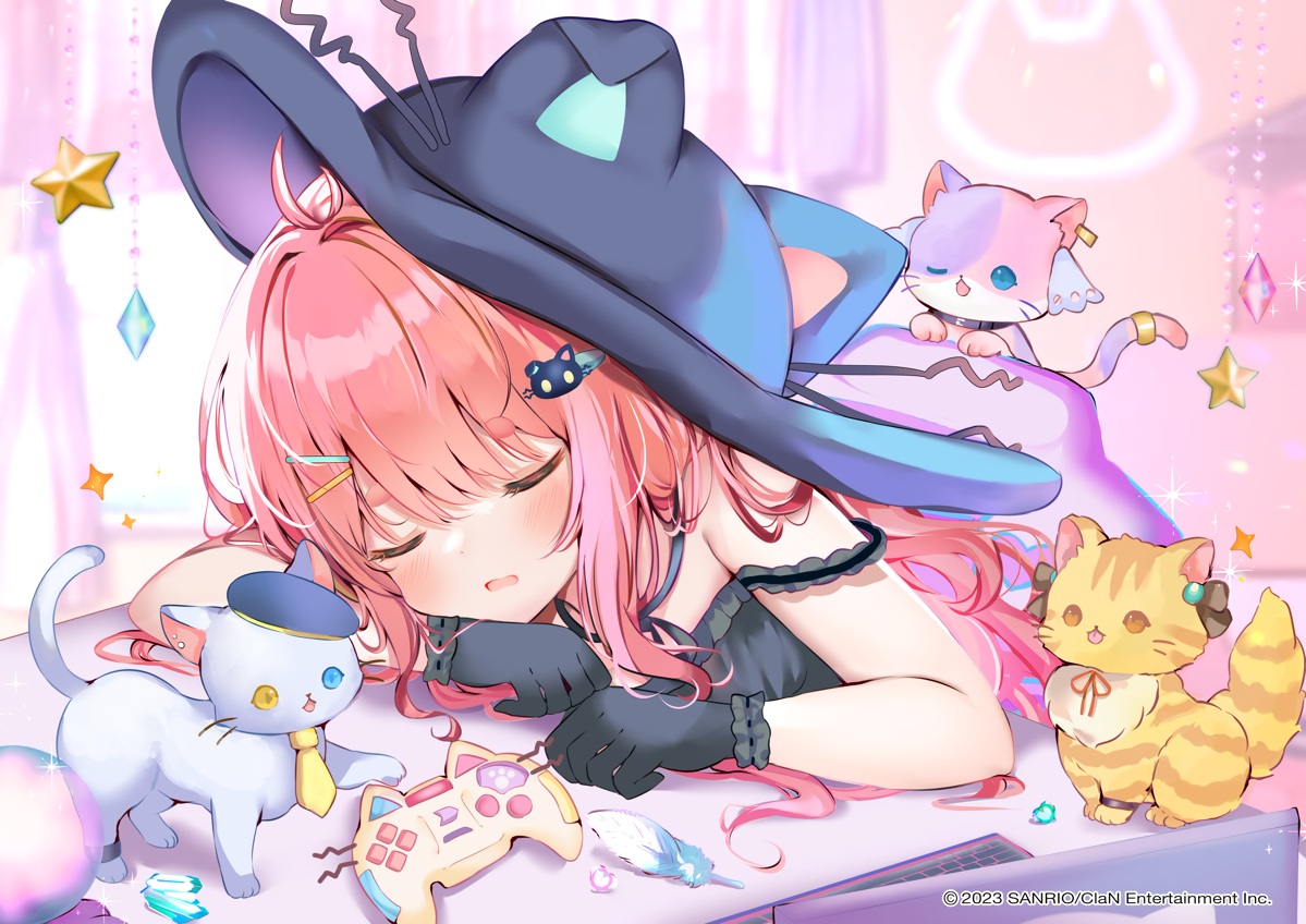 animal, animal_ears, blush, cat, choker, clan_entertainment, feathers, game_console, gloves, hat, long_hair, pink_hair, pon_(ponidrop), ribbons, sanrio, sleeping, watermark