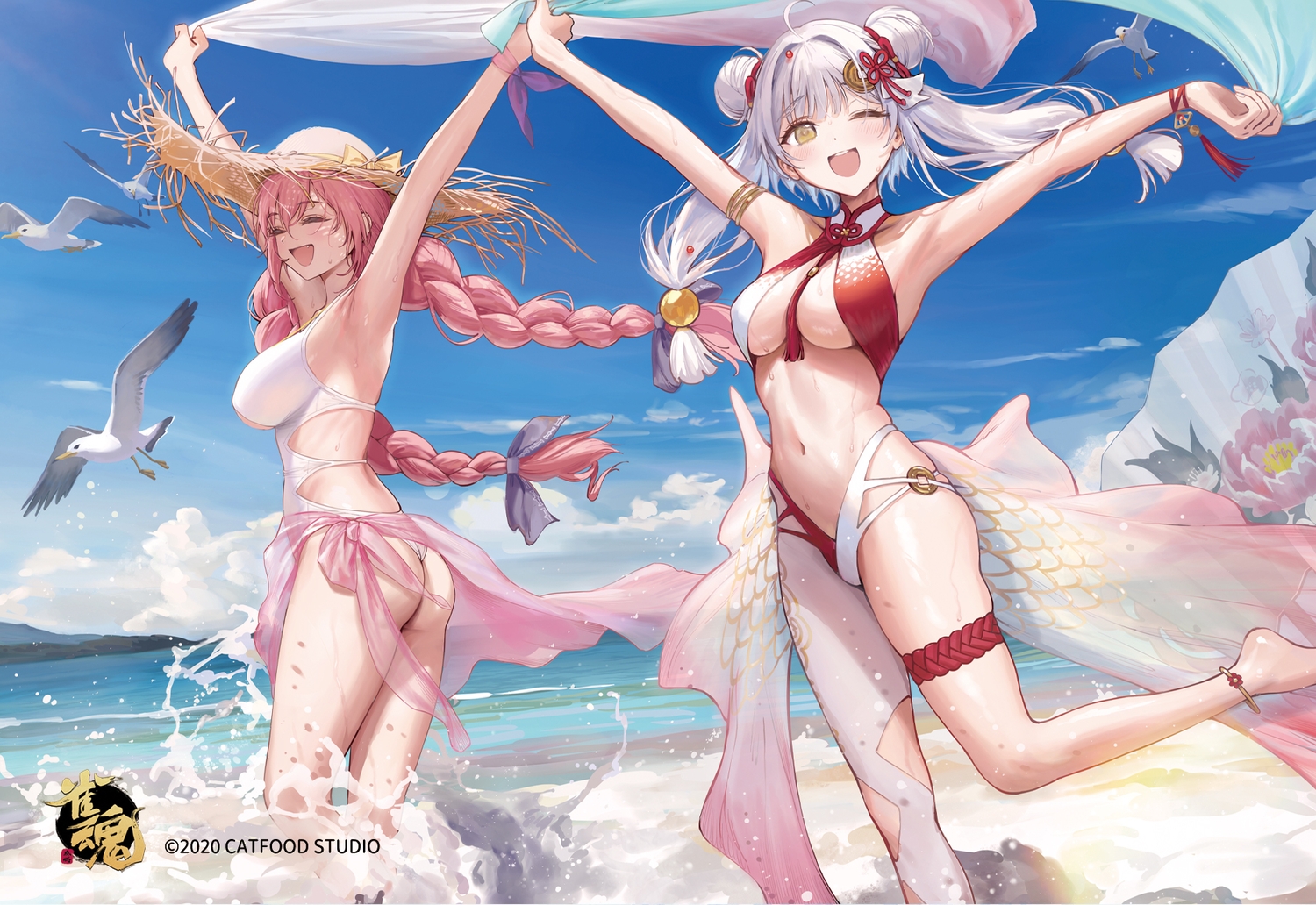2girls, ame_(uten_cancel), animal, ass, barefoot, beach, bikini, bird, blush, bow, braids, breasts, cleavage, clouds, fang, fu_ji, fujita_kana, garter, gray_hair, hat, logo, long_hair, mahjong_soul, navel, pink_hair, sky, swimsuit, towel, twintails, water, wink, wristwear, yellow_eyes