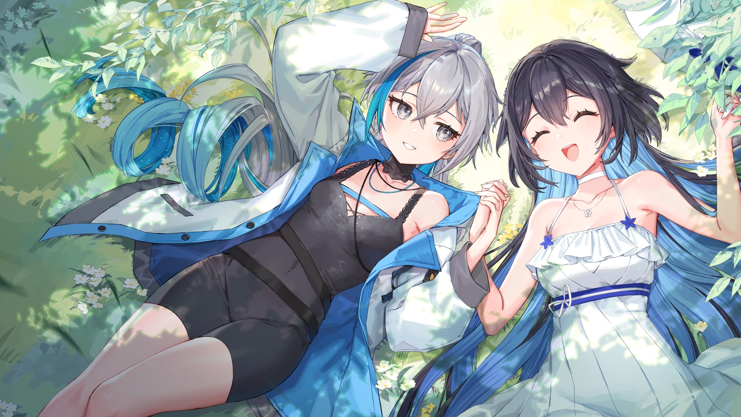 2girls, black_hair, bodysuit, bronya_zaychik, choker, dress, flowers, grass