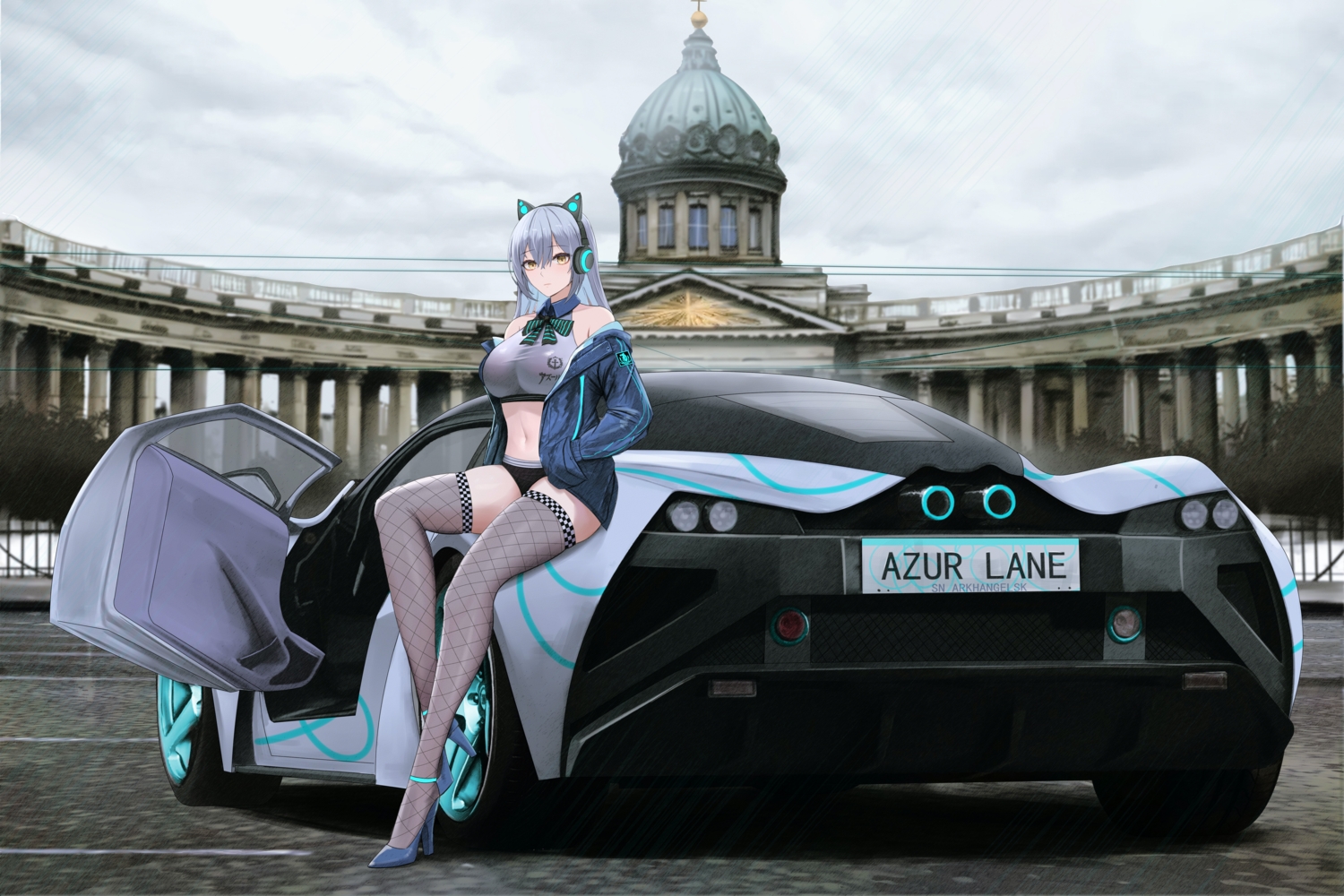 anthropomorphism, arkhangelsk_(azur_lane), azur_lane, breasts, building, car, cleavage, gray_hair, headphones, kcar66t, long_hair, thighhighs, yellow_eyes