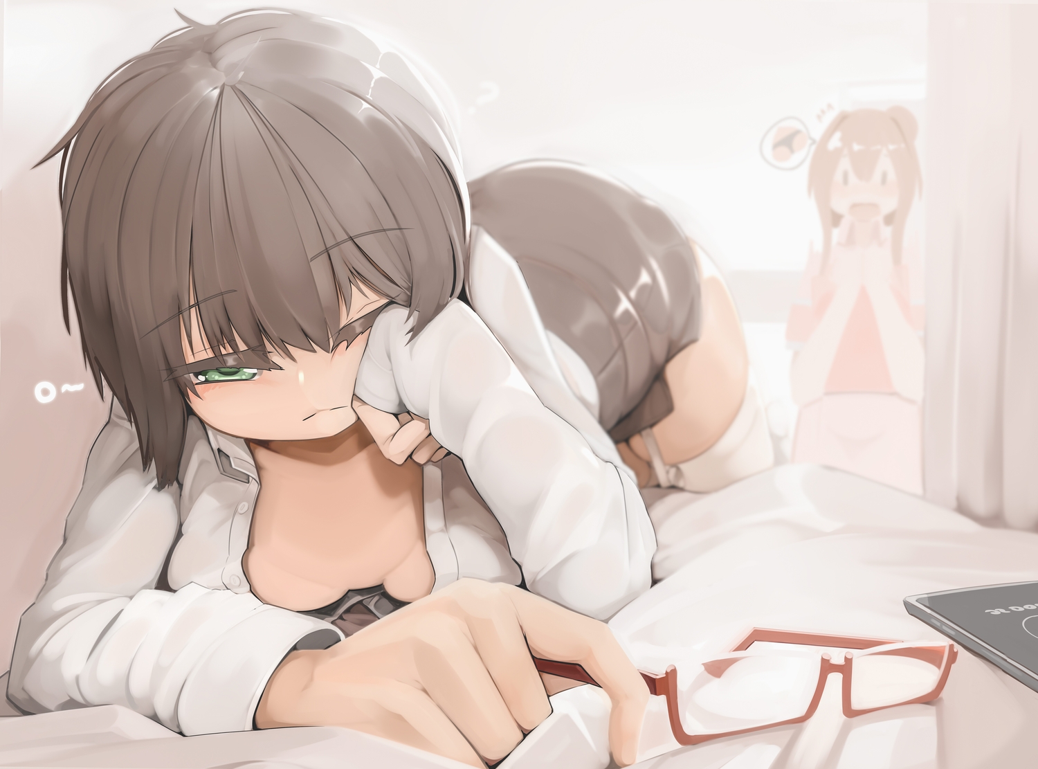 2girls, bed, breasts, brown_hair, garter_belt, genek, glasses, green_eyes, open_shirt, original, shirt, skirt, stockings, wink, zettai_ryouiki