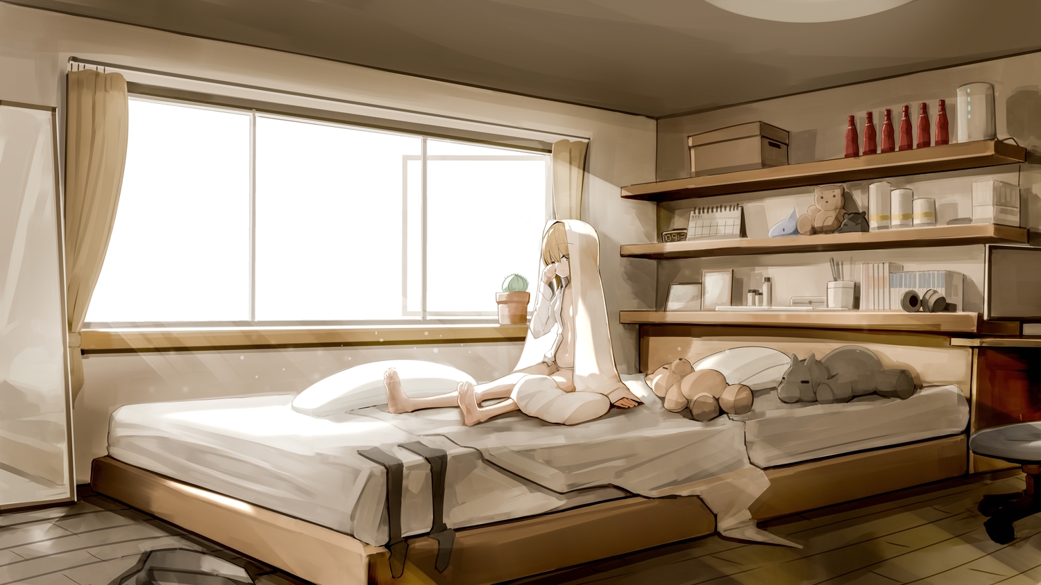 barefoot, bed, brown_hair, genek, open_shirt, original, panties, teddy_bear