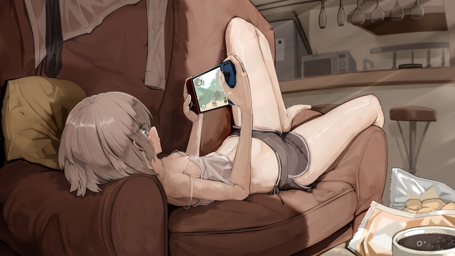 blue_eyes, breasts, brown_hair, couch, drink, food, game_console, genek
