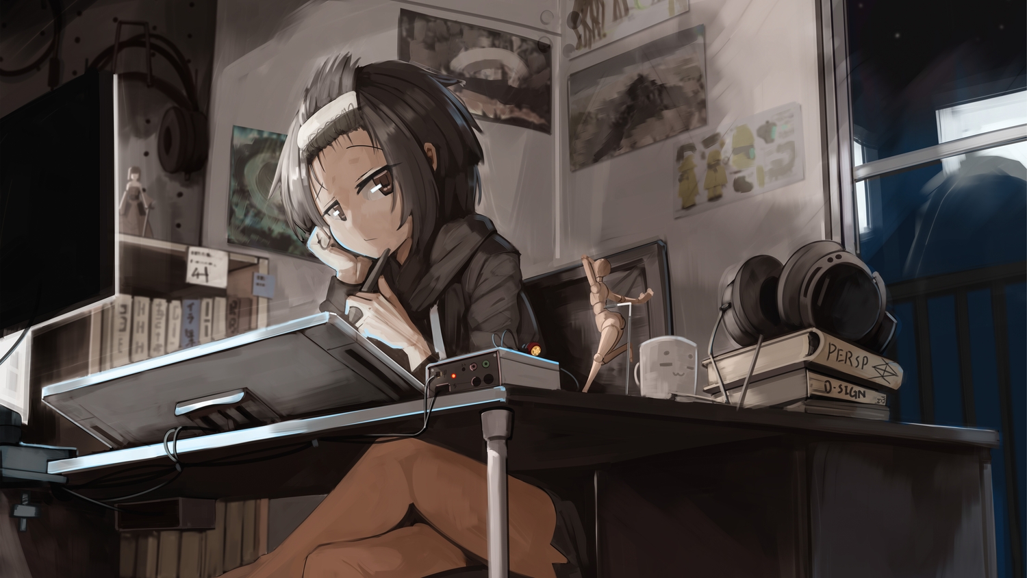 black_hair, book, brown_eyes, computer, genek, headphones, night, original