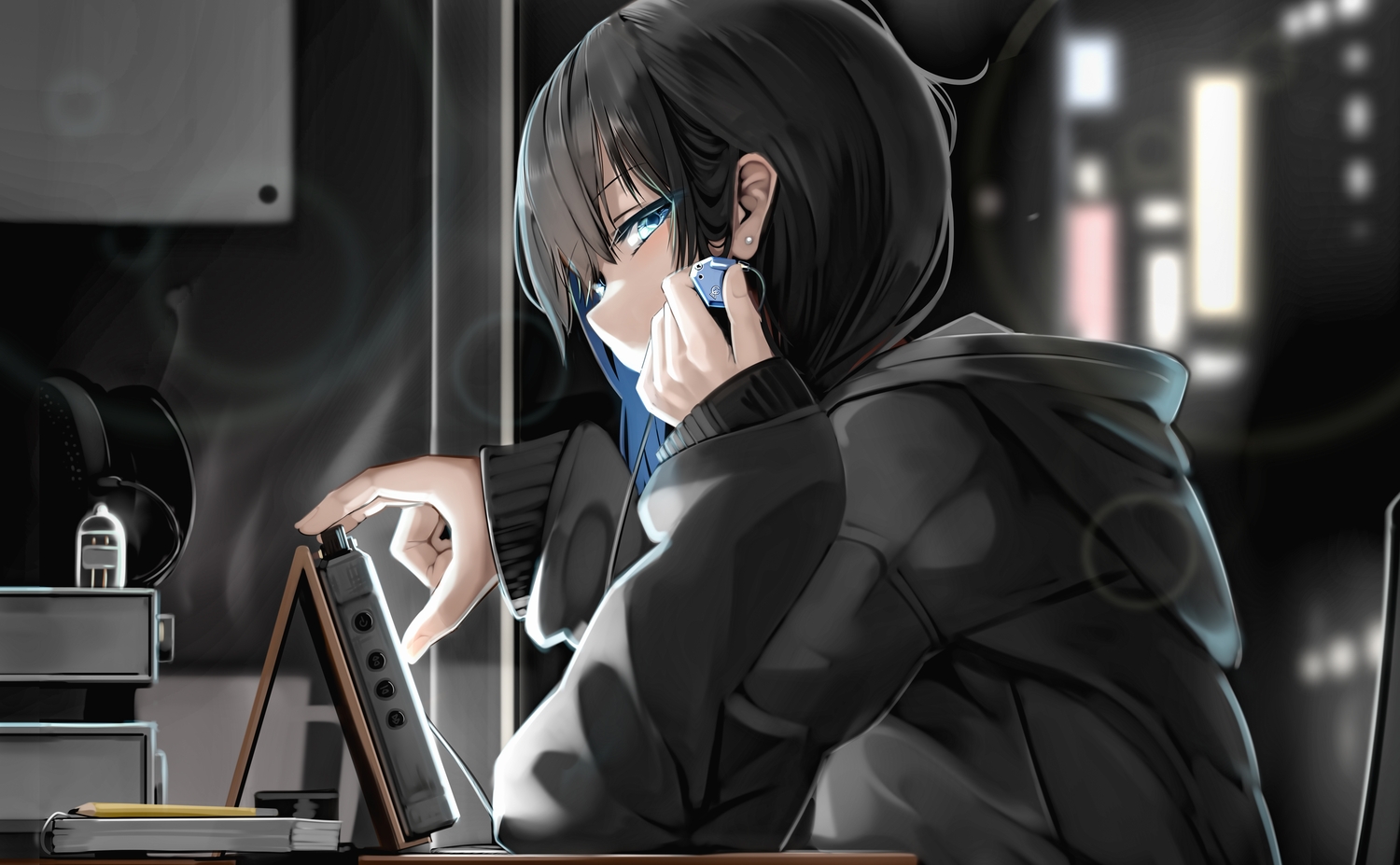 black, black_hair, blue_eyes, book, genek, headphones, hood, night