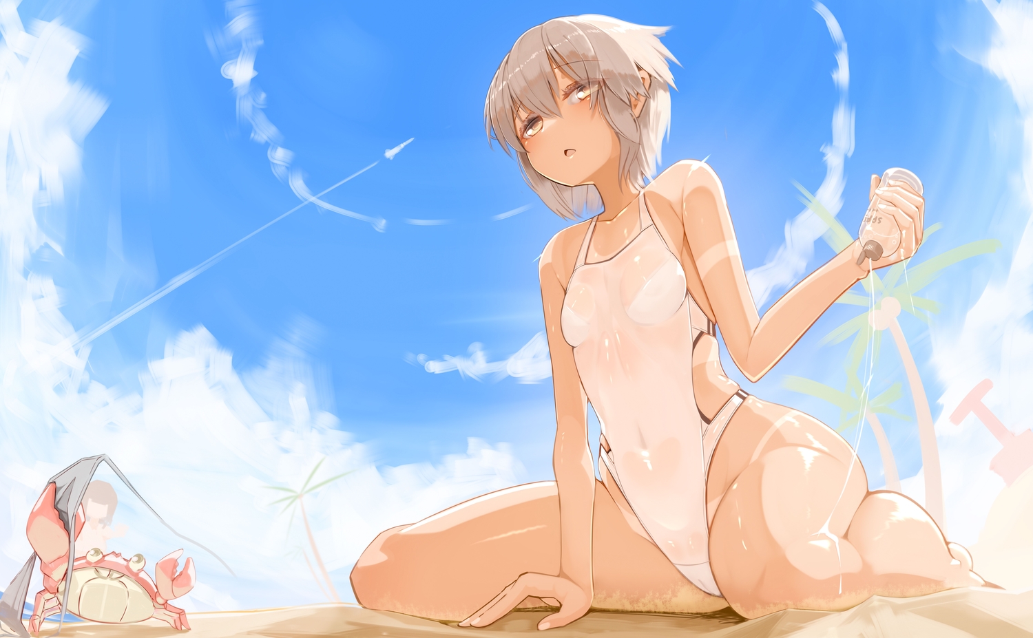 aircraft, animal, beach, breasts, brown_hair, cameltoe, clouds, crab, genek, navel, original, short_hair, sky, swimsuit, tan_lines, yellow_eyes