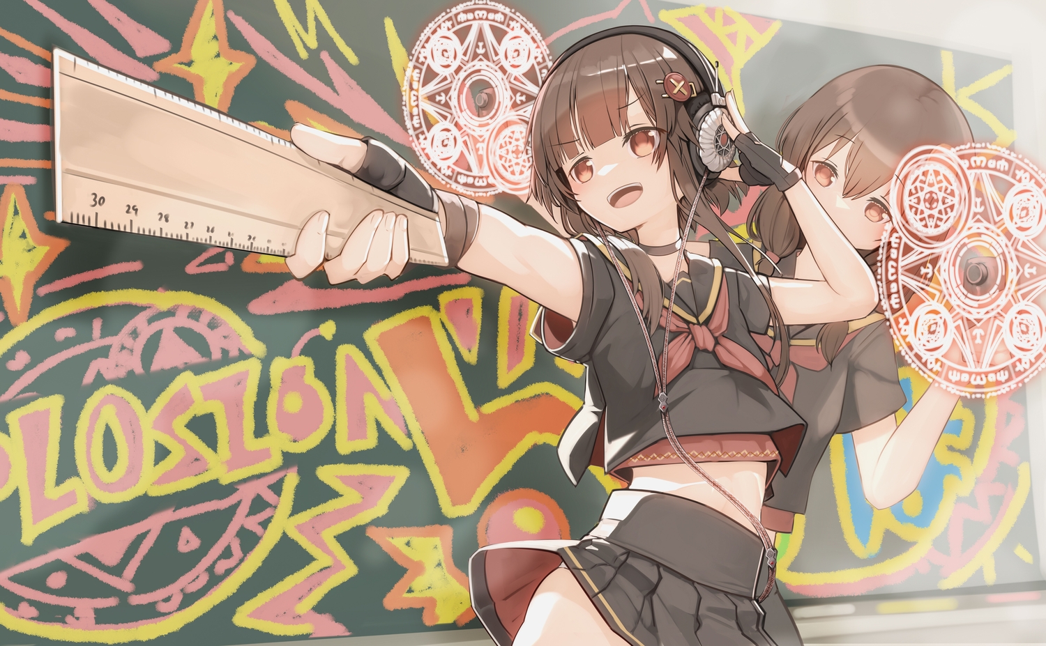 brown_hair, choker, genek, gloves, headphones, kono_subarashii_sekai_ni_shukufuku_wo!, magic, megumin
