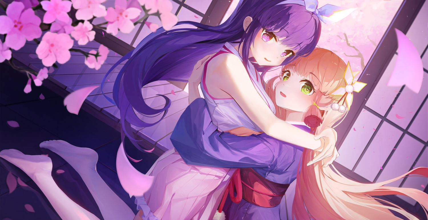 2girls, 999kun, blonde_hair, cherry_blossoms, flowers, green_eyes, headband, hug, japanese_clothes, kanna_(maplestory), kimono, long_hair, maplestory, petals, purple_eyes, purple_hair, tagme_(character), thighhighs