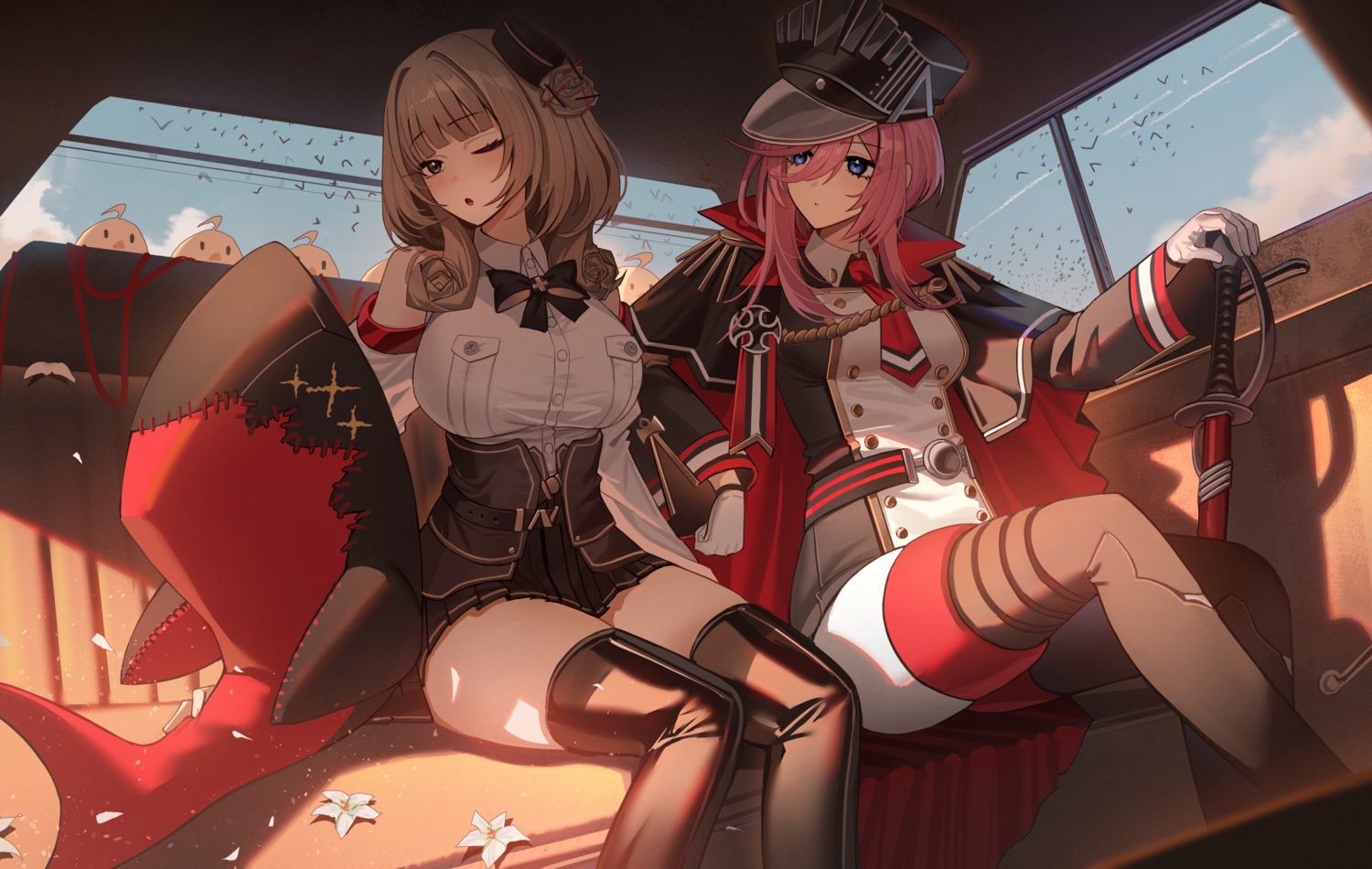 2girls, animal, anthropomorphism, azur_lane, bird, blue_eyes, boots, bow, brown_eyes, brown_hair, cape, car, dress, flowers, gloves, hat, jeze, lutzow_(azur_lane), manjuu_(azur_lane), military, petals, pink_hair, seydlitz_(azur_lane), shirt, shorts, skirt, sword, thighhighs, tie, uniform, weapon, wink