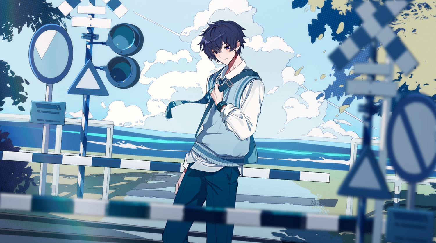 all_male, black_hair, blue_eyes, clouds, eumi_114, grass, indie_virtual_youtuber, male, school_uniform, shade, shirt, short_hair, shoto_(vtuber), sky, third-party_edit, tie, train, tree, water, wristwear