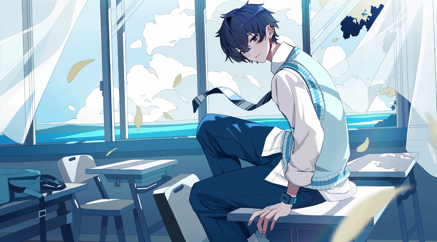 all_male, black_hair, blue_eyes, clouds, eumi_114, indie_virtual_youtuber, leaves, male, school_uniform, shirt, short_hair, shoto_(vtuber), sky, third-party_edit, tie, water, wristwear