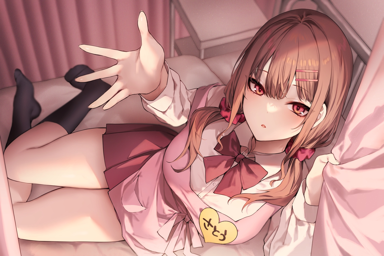 apron, bed, bow, brown_hair, danimaru, kneehighs, long_hair, original