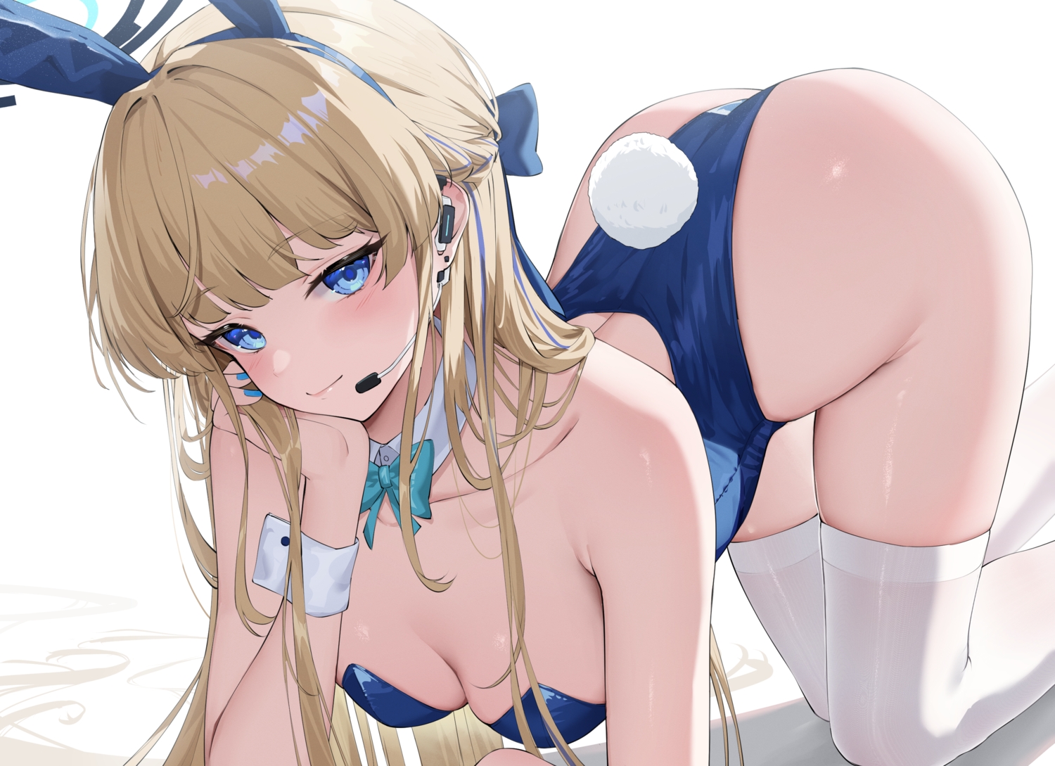 animal_ears, asuma_toki, blonde_hair, blue_archive, blue_eyes, blush, bow, braids, breasts, bunny_ears, bunnygirl, cleavage, halo, headband, headphones, leotard, long_hair, microphone, rosumerii, tail, thighhighs, wristwear