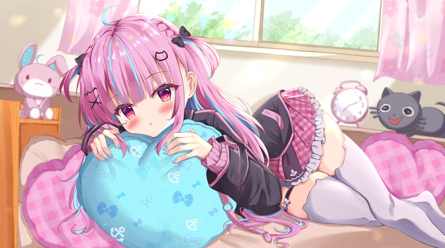 bed, blush, bow, braids, bunny, garter, hololive, kanti15