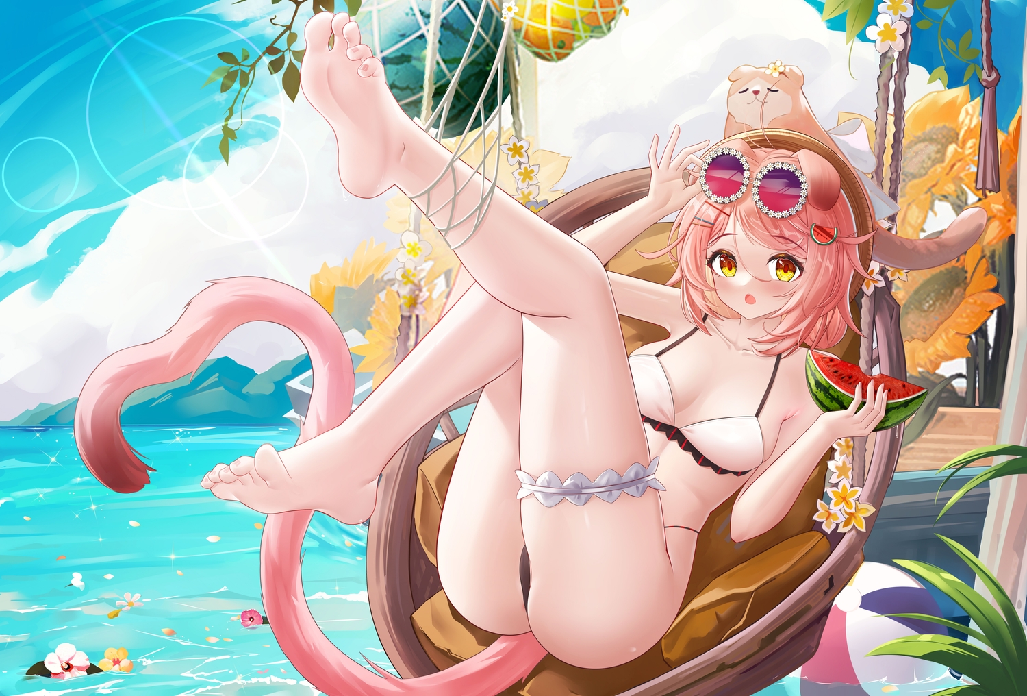 animal, animal_ears, arknights, ass, ball, barefoot, bikini, blush