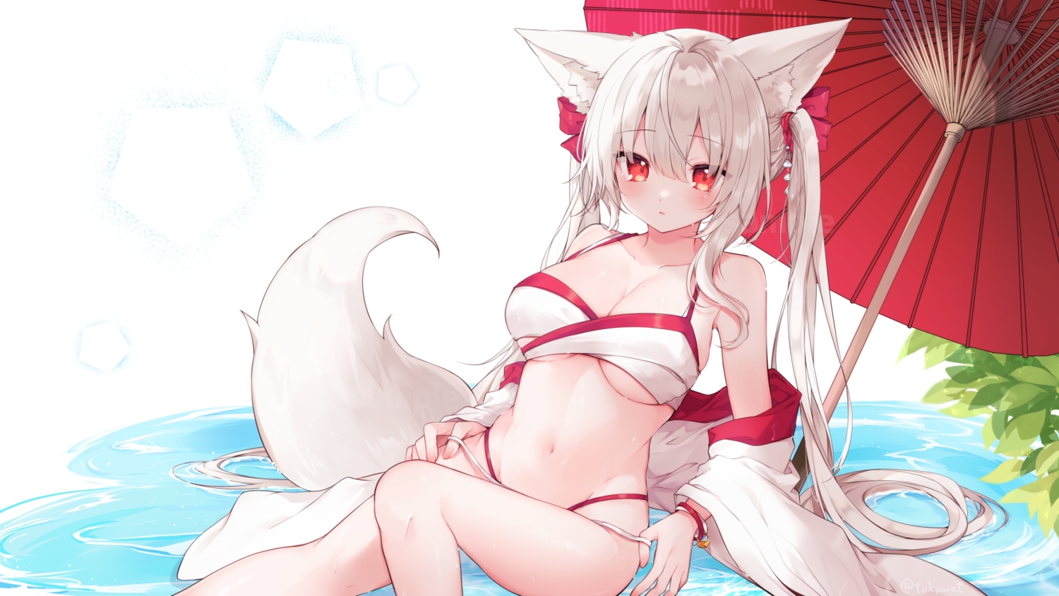animal_ears, bikini, blush, breasts, cleavage, foxgirl, fukunoki_tokuwa, japanese_clothes