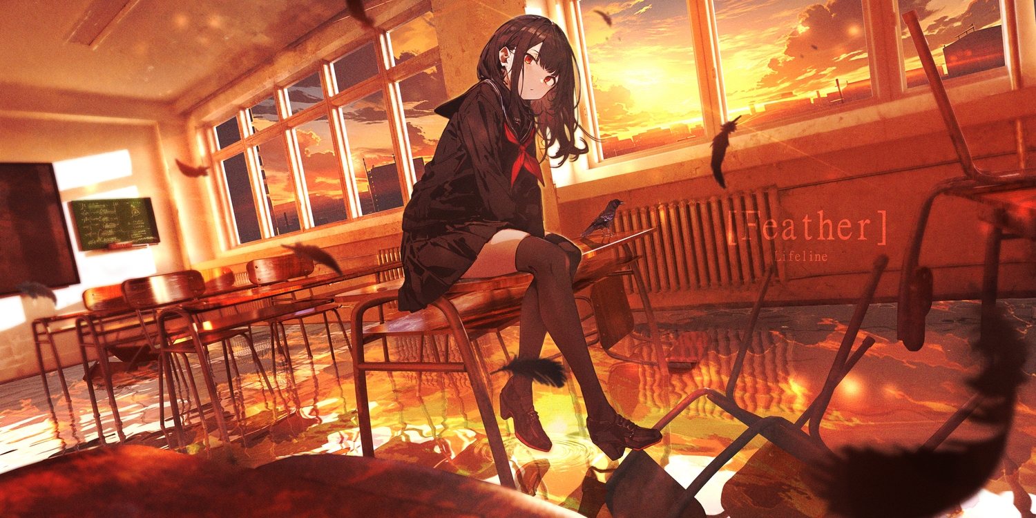 black_hair, clouds, feathers, lifeline, orange, original, red_eyes, reflection