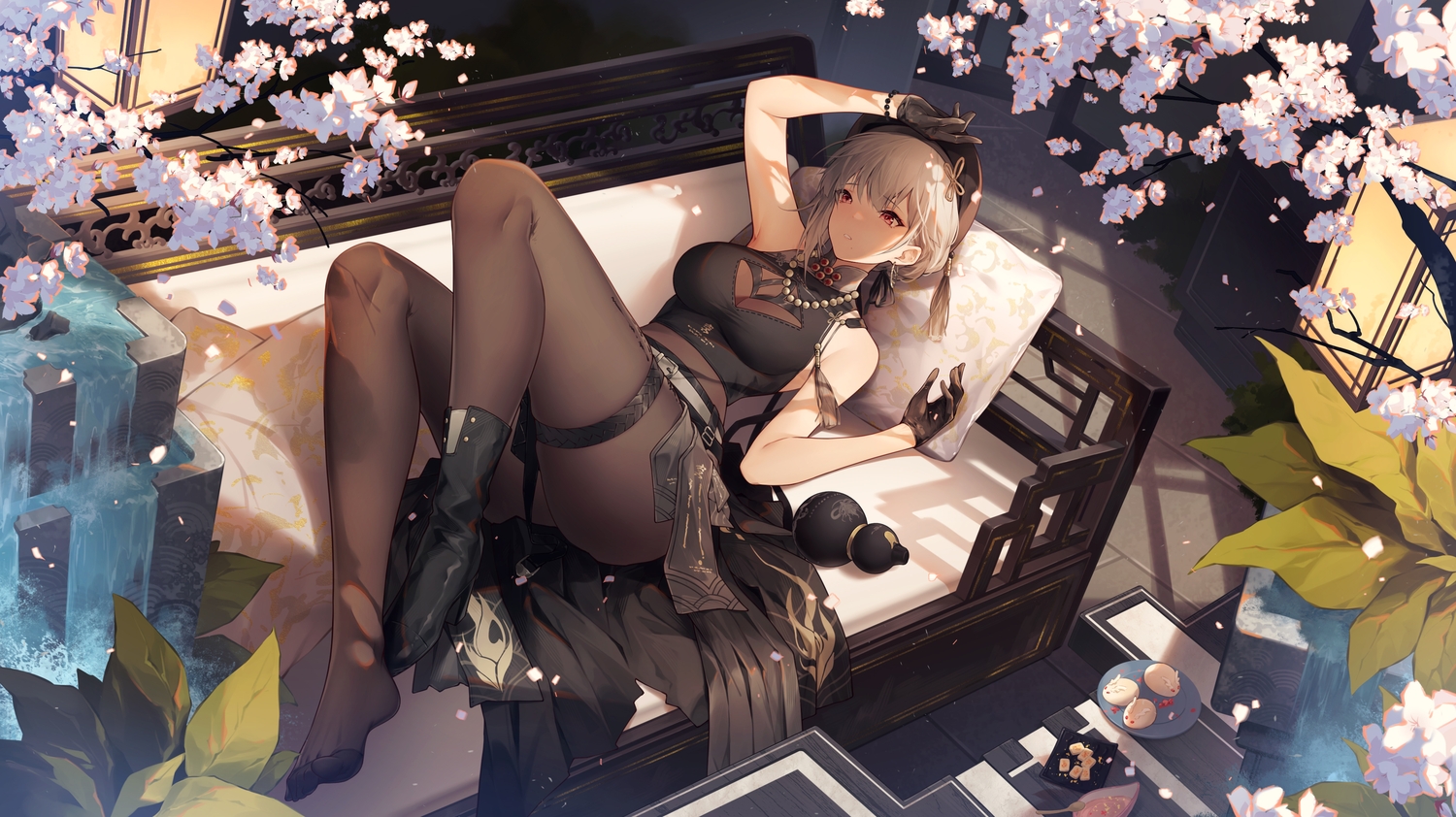 boots, breasts, cherry_blossoms, chinese_clothes, cleavage, couch, flowers, food