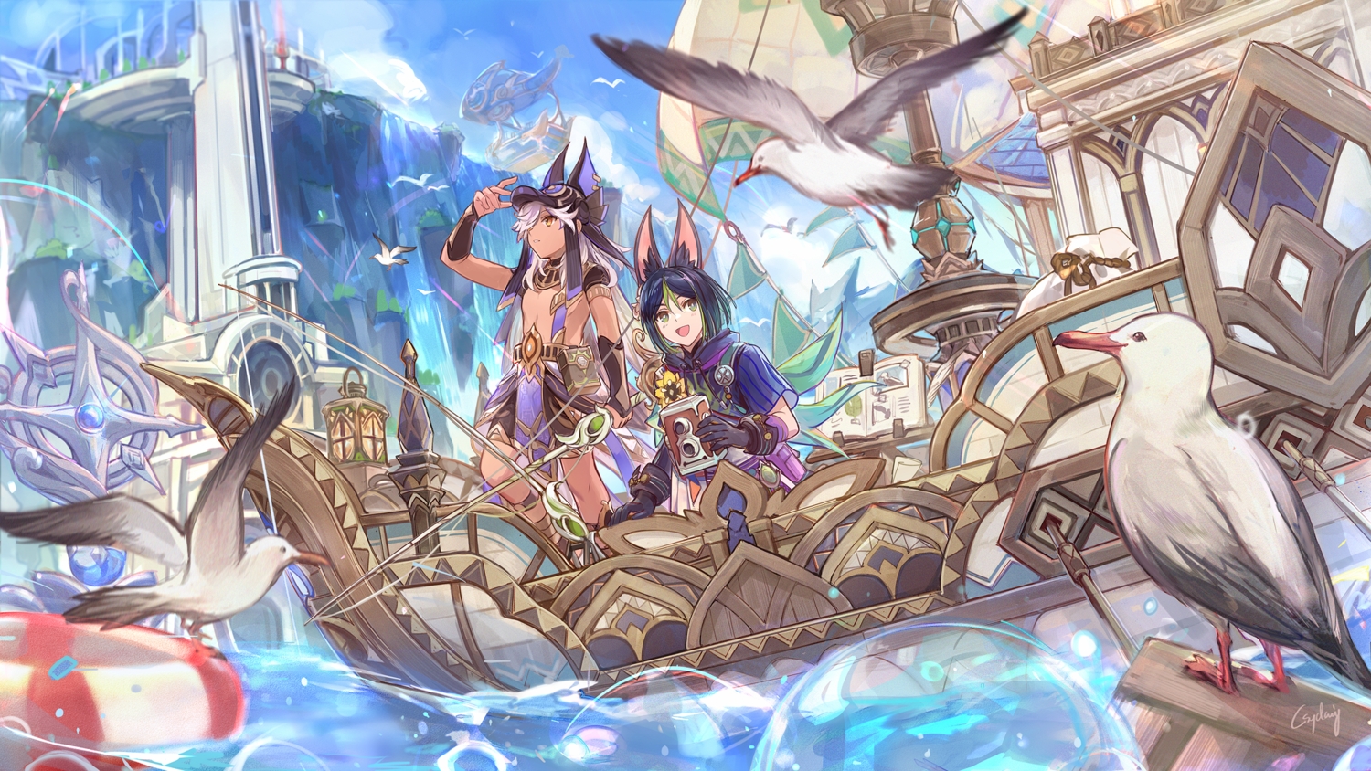 aircraft, all_male, animal, animal_ears, bird, black_hair, boat, camera, clouds, csyday, cyno_(genshin_impact), dark_skin, genshin_impact, gloves, green_eyes, hood, long_hair, male, short_hair, shorts, signed, sky, swim_ring, tighnari_(genshin_impact), water, waterfall, white_hair, wristwear, yellow_eyes