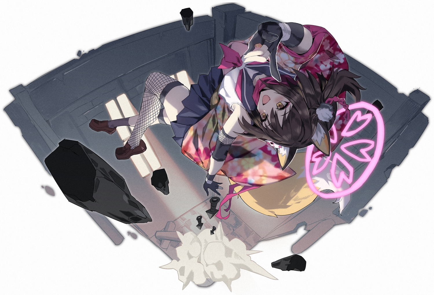 animal_ears, blue_archive, blush, braids, brown_hair, fang, foxgirl, gloves, halo, japanese_clothes, kimono, kuda_izuna, ninja, scarf, school_uniform, short_hair, stockings, tail, thighhighs, white, yellow_eyes, zhu_fun