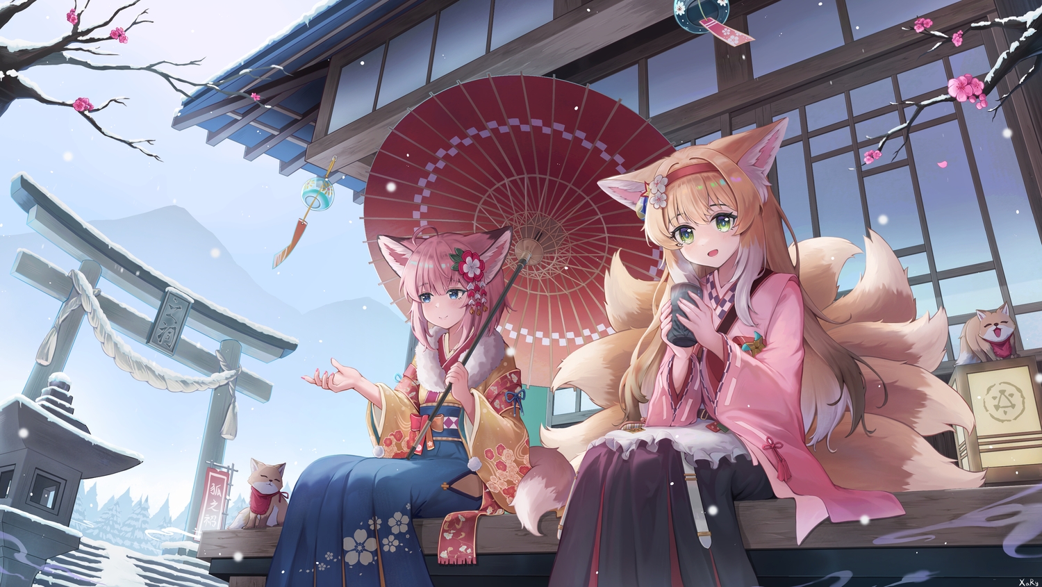 2girls, animal, animal_ears, apron, arknights, bell, blonde_hair, blue_eyes