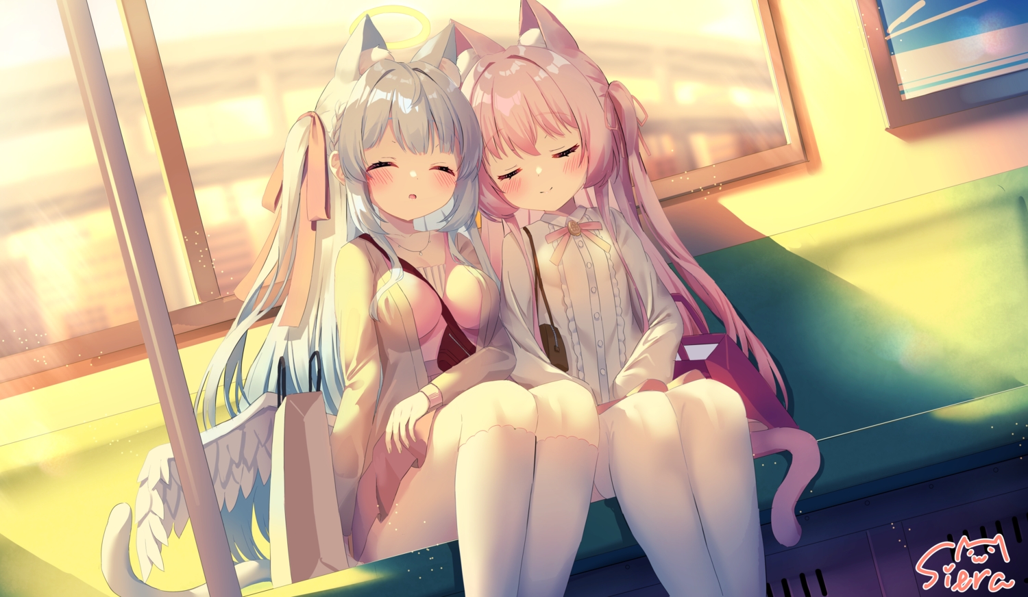 2girls, animal_ears, blush, bow, braids, breasts, catgirl, gray_hair
