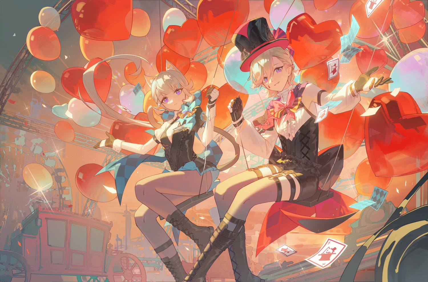 animal_ears, ayanon_ite, boots, bow, catgirl, clouds, garter_belt, genshin_impact