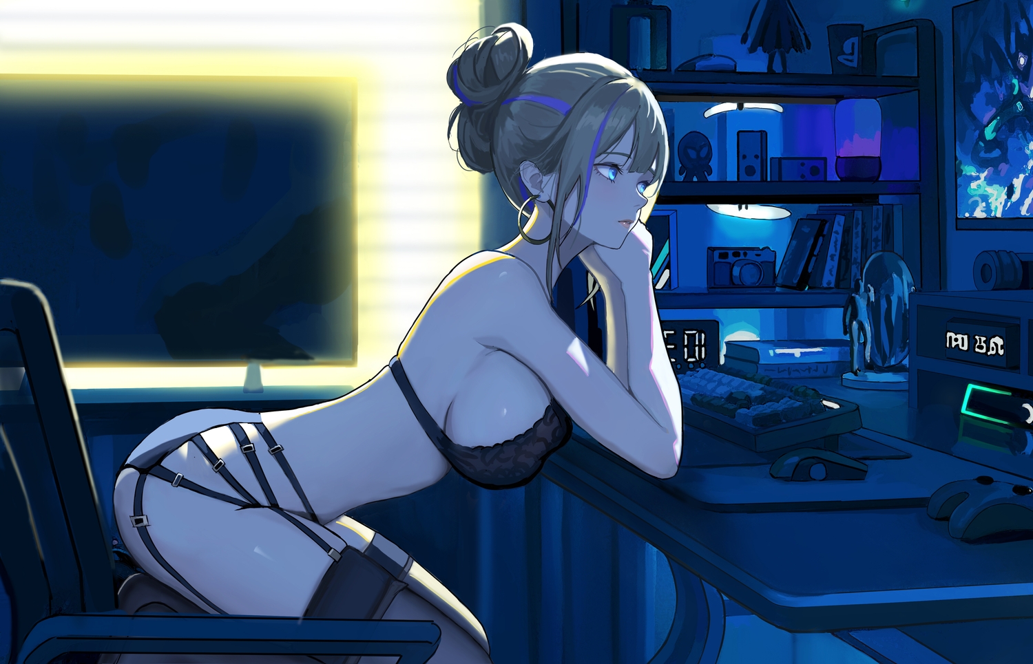 aqua_eyes, book, bra, breasts, brown_hair, camera, computer, dark, garter_belt, honkai_(series), honkai:_star_rail, panties, salted_fish_smile, serval_landau, stockings, underwear