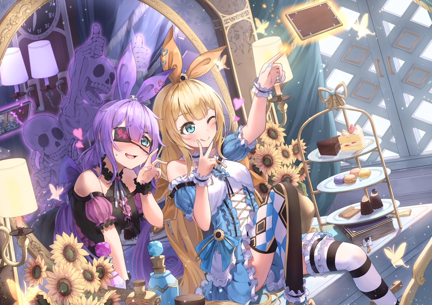 2girls, alice_in_wonderland, aqua_eyes, blonde_hair, blush, bones, book, bow