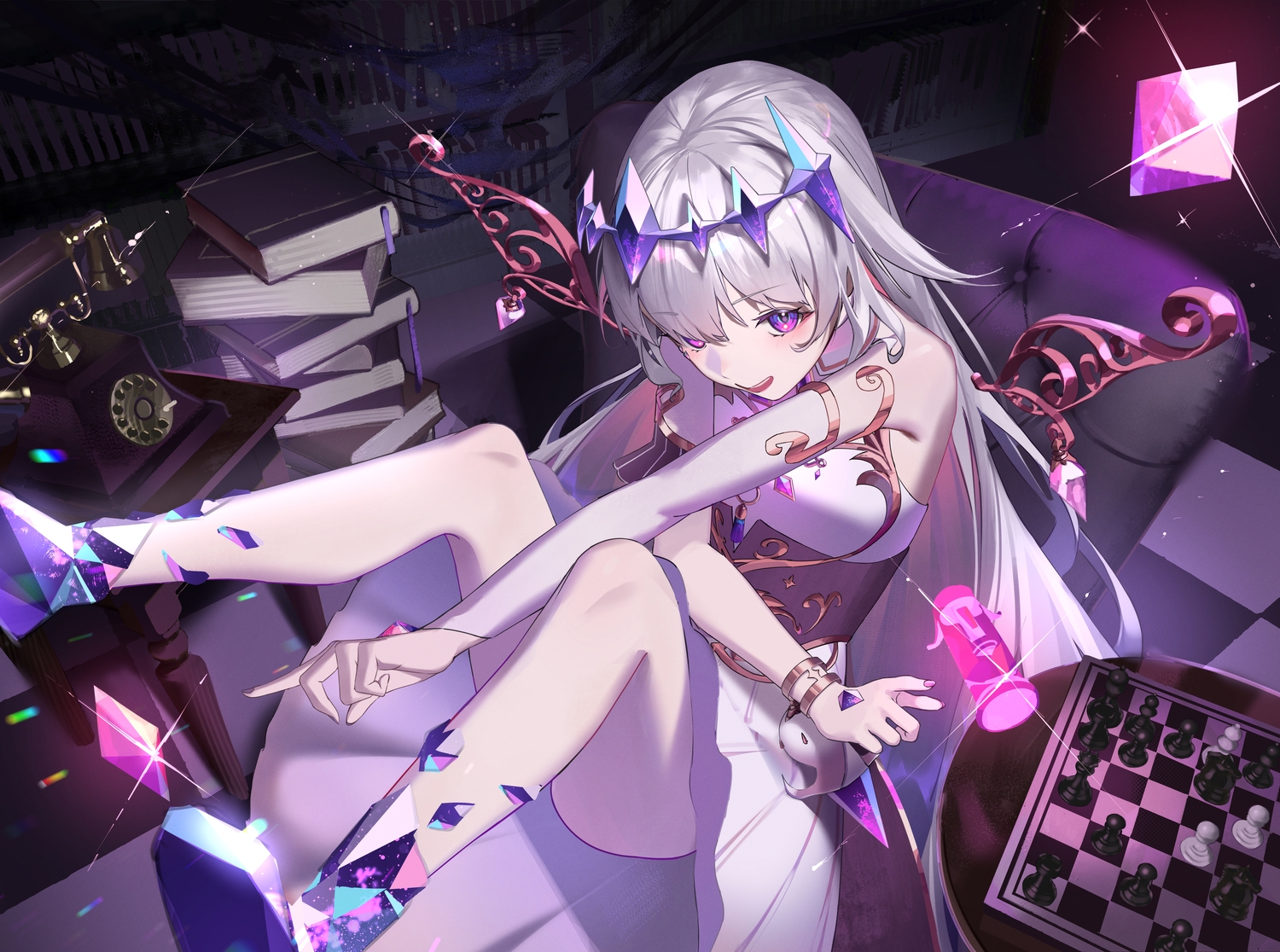 blush, book, corset, dress, gray_hair, headdress, hololive, koseki_bijou