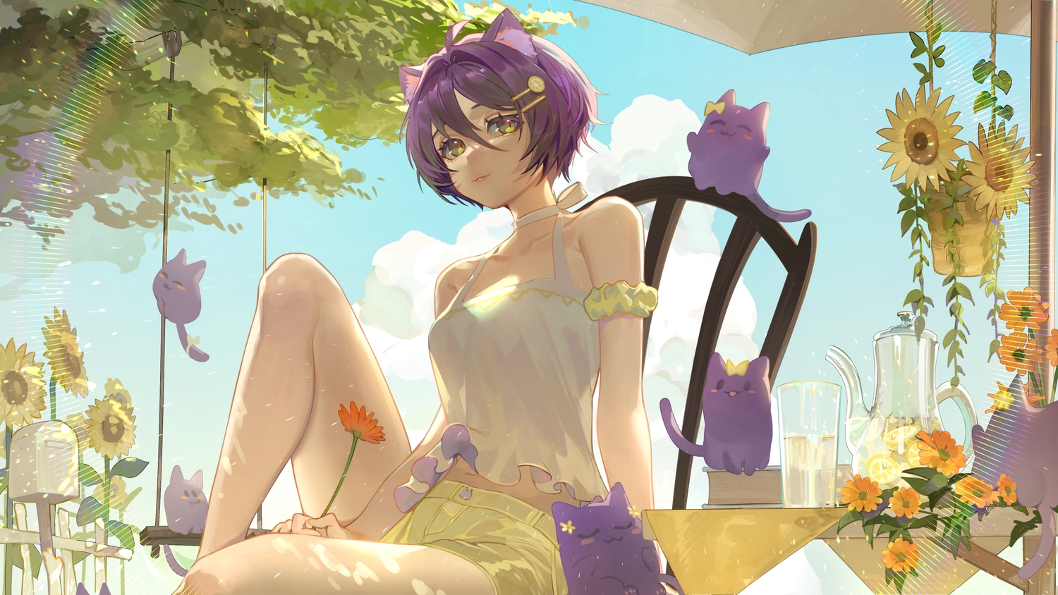 animal, animal_ears, bow, cat, catgirl, choker, clouds, drink, flowers, green_eyes, indie_virtual_youtuber, jean_faymas_(vtuber), leaves, navel, purple_hair, rainbow, short_hair, shorts, sky, sunflower, uyuyuun