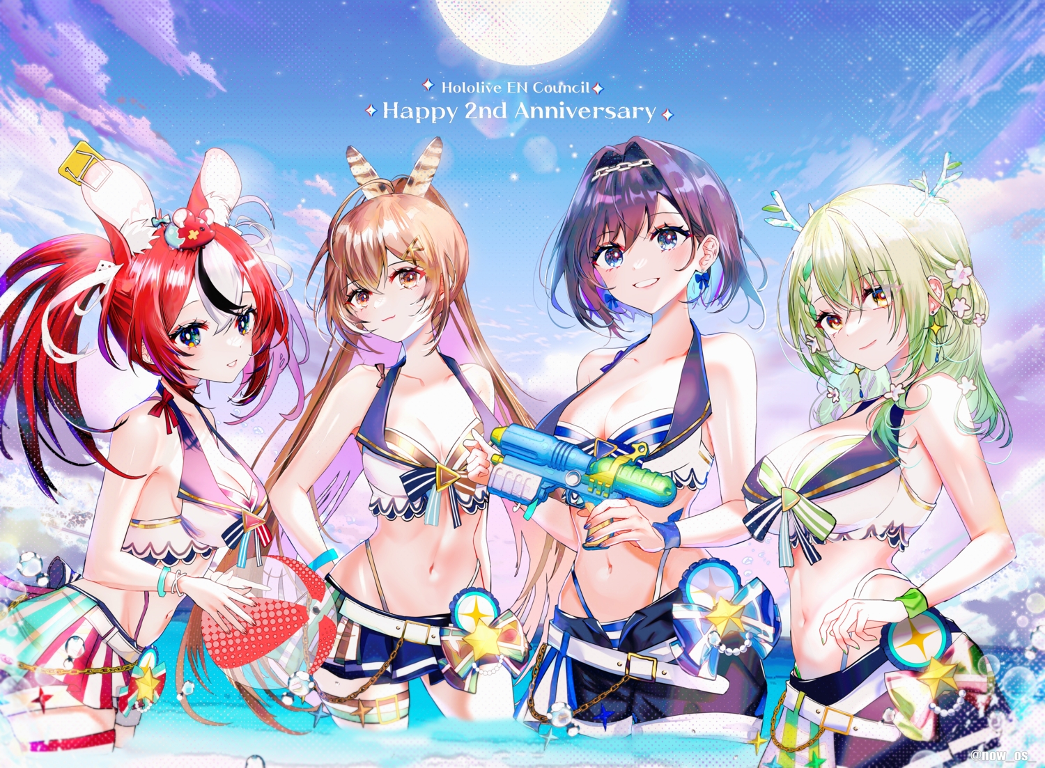 animal_ears, ball, bikini, black_hair, blue_eyes, bow, braids, breasts