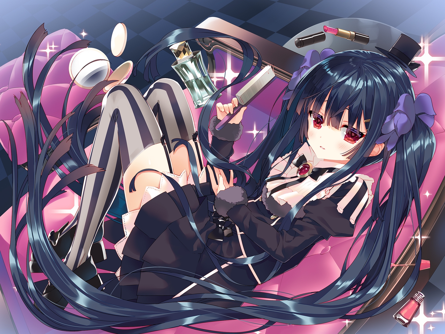 anthropomorphism, arikawa_satoru, black_hair, blush, bow, dress, flower_knight_girl, garter_belt