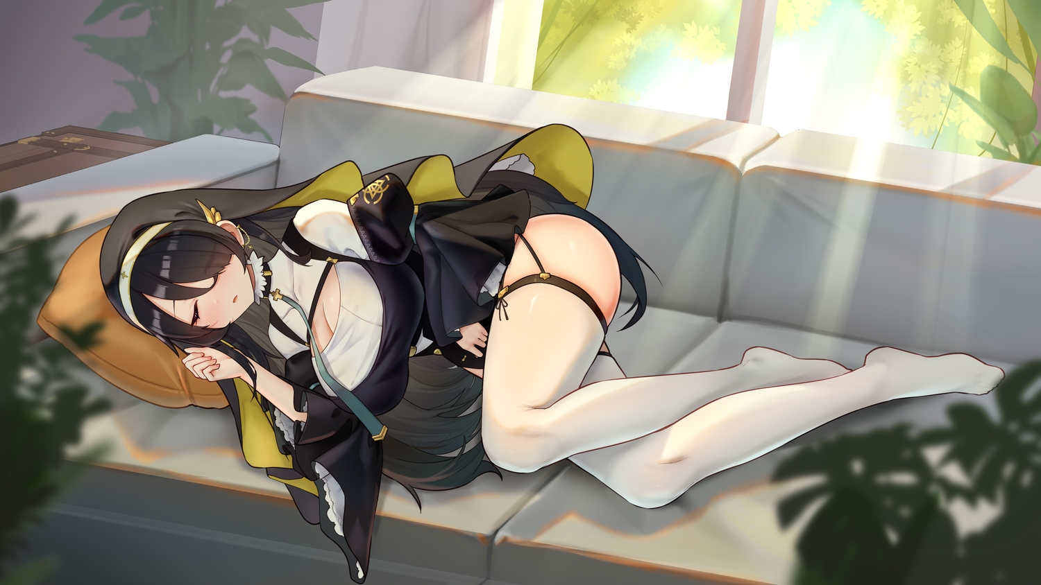 3d, black_hair, blue_archive, blush, breasts, cleavage, couch, garter_belt