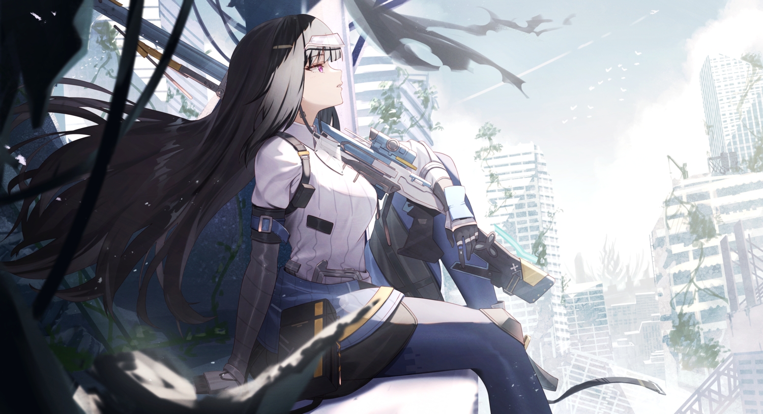black_hair, building, city, clouds, eiryu33, gloves, gun, long_hair