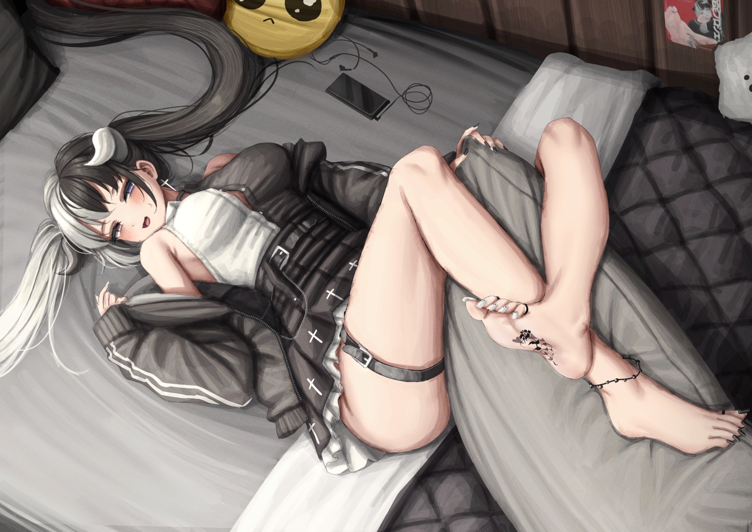 barefoot, bed, blush, choker, cross, garter, headphones, horns