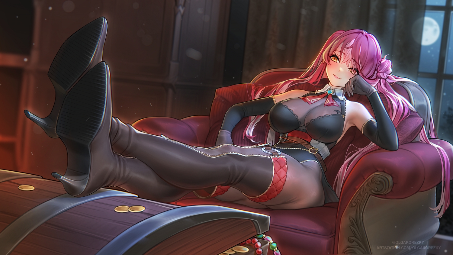 boots, breasts, cleavage, elbow_gloves, gloves, hololive, houshou_marine, leotard, long_hair, moon, night, olga_korezky, pantyhose, red_eyes, red_hair, thighhighs, watermark