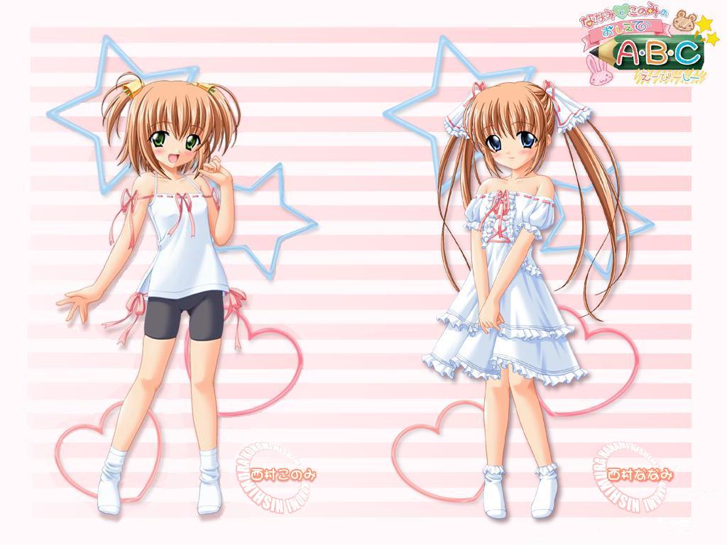 bike_shorts, blue_eyes, brown_hair, dress, green_eyes, hajimete_no_orusuban, jpeg_artifacts, logo