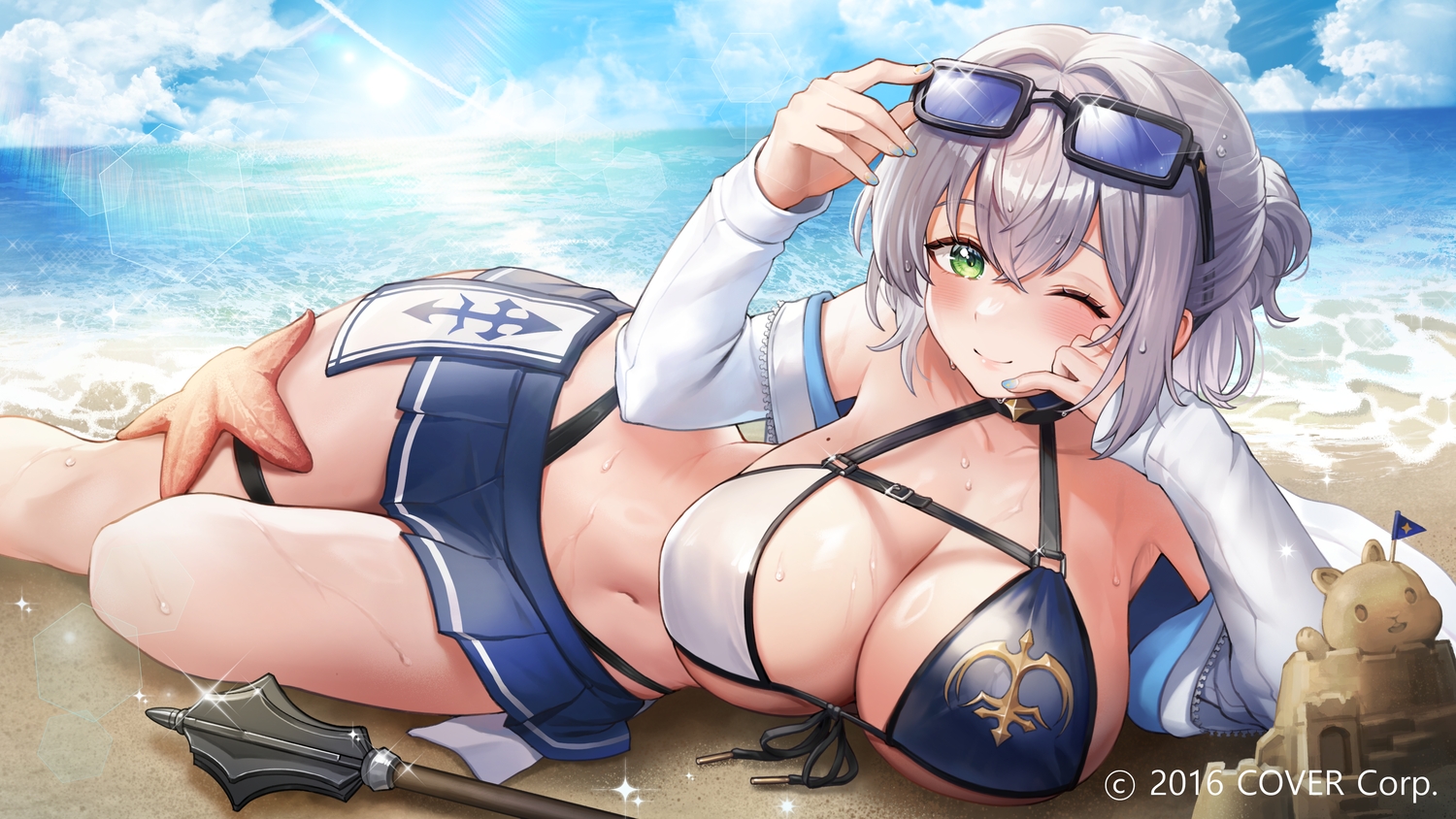 beach, bikini_top, blush, breasts, cleavage, clouds, gray_hair, green_eyes